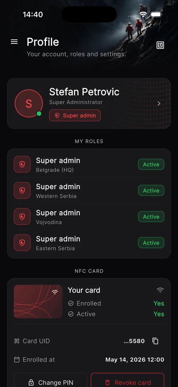 Field app profile screen showing the regions and roles a member holds, their NFC rescuer card, language and password settings